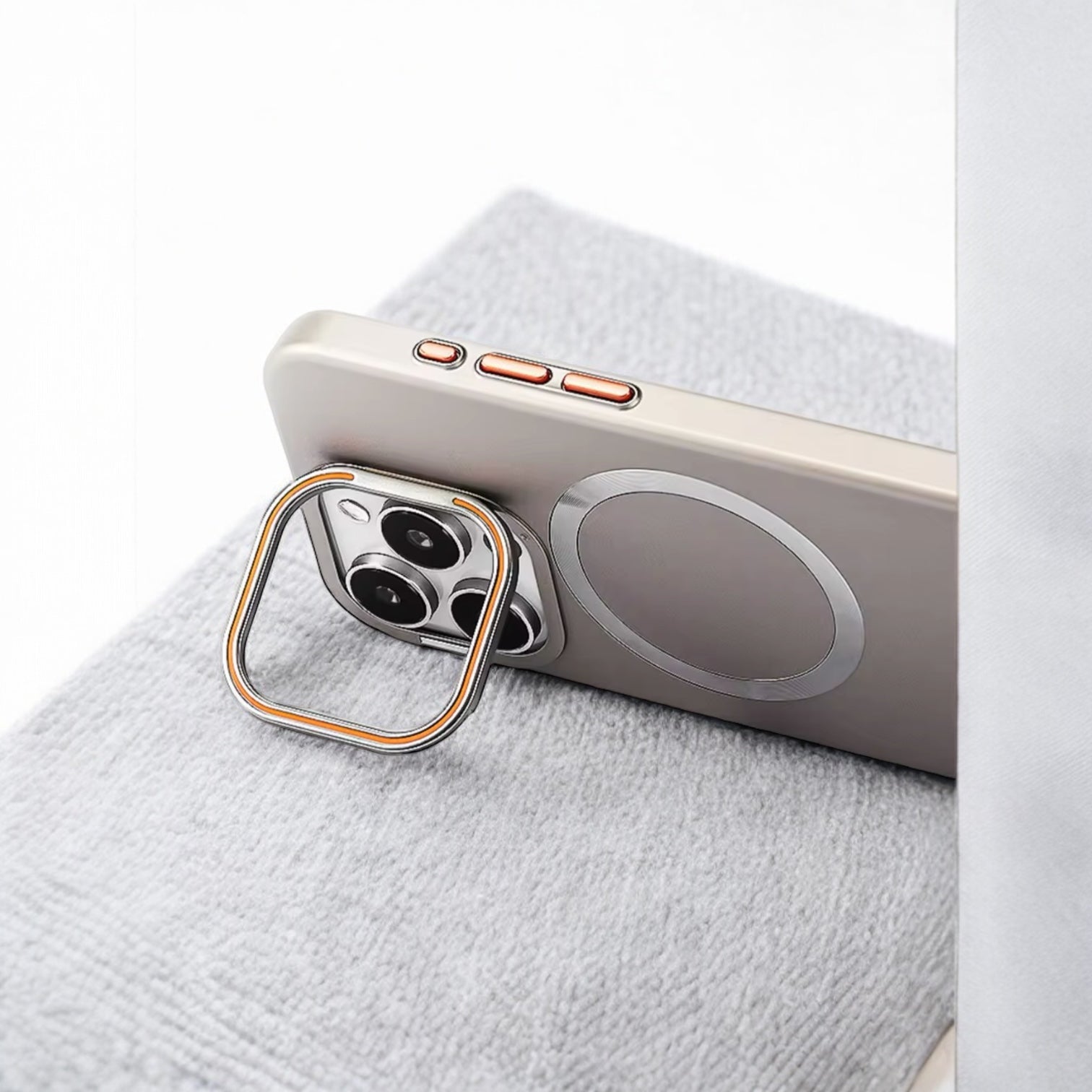 MUBI iPhone 14 Standlı Natürel Gri Kılıf-Lens Koruyucu Hediyeli