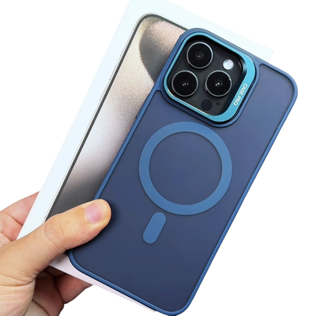 MUBI iPhone 14 Pro Standlı MagSafeli Silikon Mat Kılıf- Mavi (Lens Koruyucu Hediyeli)