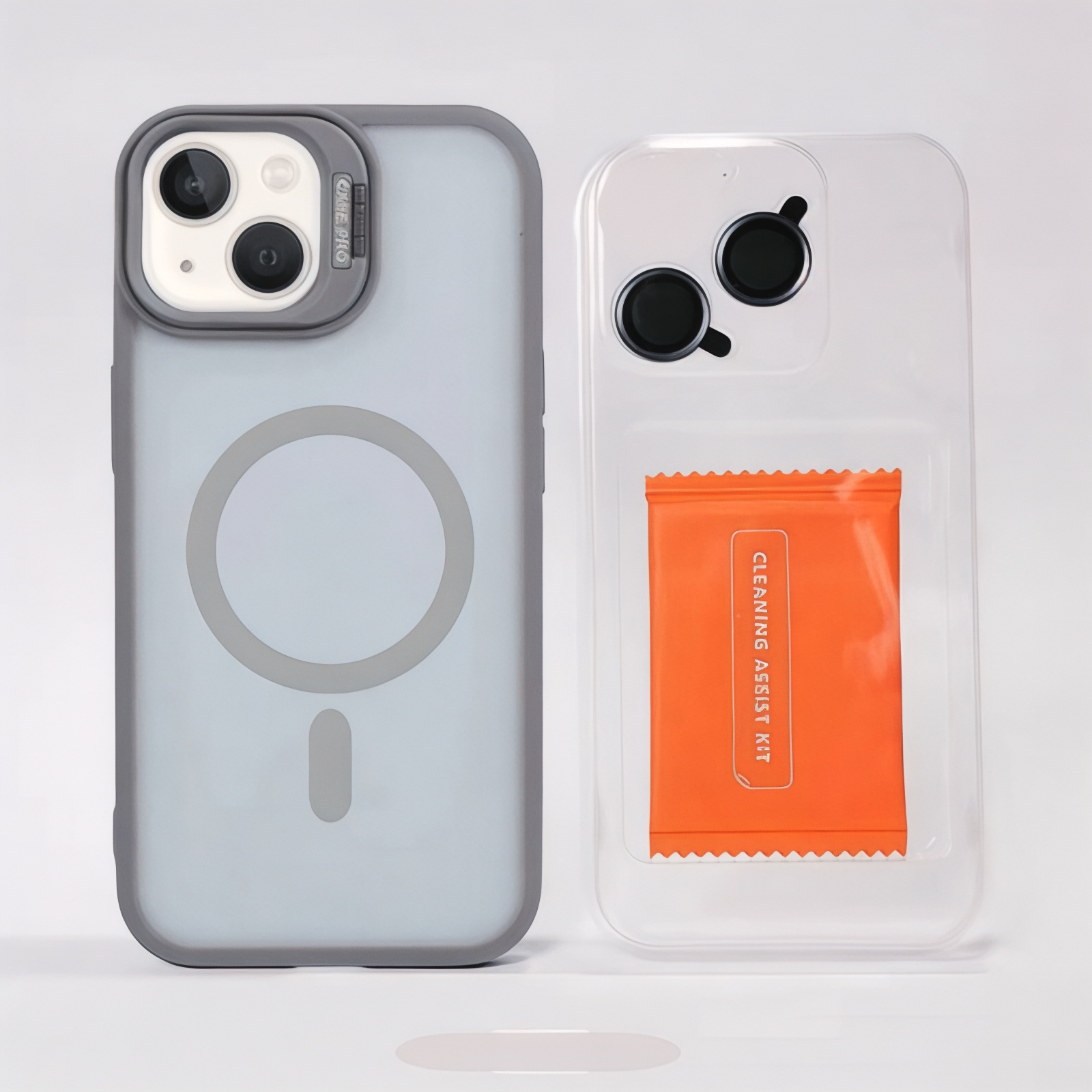 MUBI iPhone 14 Standlı MagSafeli Silikon Mat Kılıf- Naturel Gri (Lens Koruyucu Hediyeli)