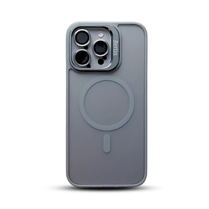 MUBI iPhone 15 Pro Max Standlı MagSafeli Silikon Mat Kılıf- Naturel Gri (Lens Koruyucu Hediyeli)